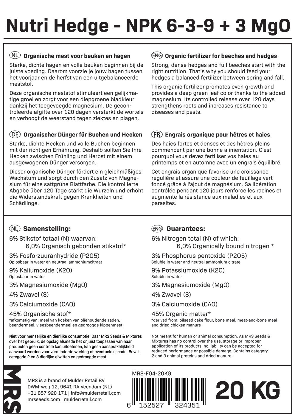 MRS Seeds & Mixtures Nutri Hedge - Organische mest Beuken & Hagen 20 kg [nl]