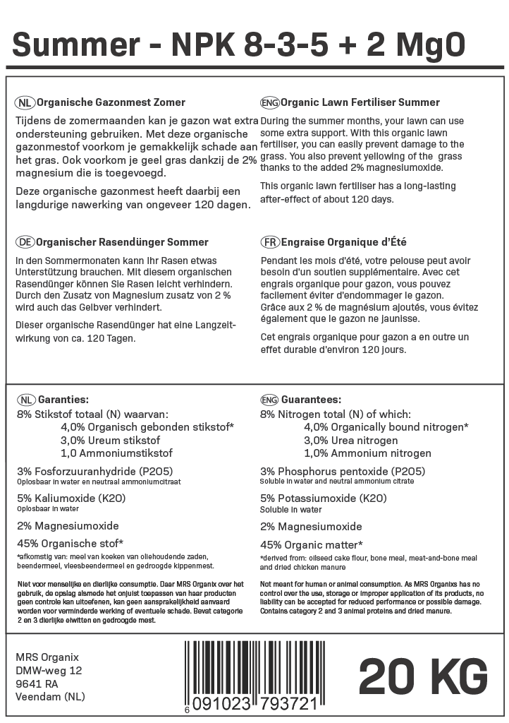 MRS Seeds & Mixtures Summer - Organische Gazonmest Zomer | 20KG-400m2 [nl]